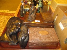 Victorian Rosewood Work Box, 2 Carved Boxes, African Plaques etc