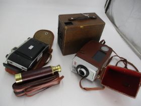 Kodak Folding and Cine Cameras, Ensign Box Camera and a Solus 25x30mm Telescope