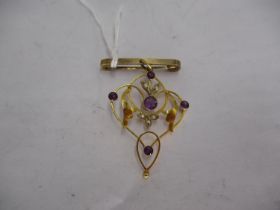 9ct Gold Art Nouveau Amethyst and Pearl Set Pendant and a Later 9ct Gold Bar, 3g