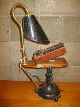 Unusual Brass, Metal and Mahogany Lamp