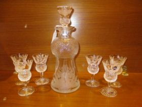 Edinburgh Crystal Thistle Shape and Engraved Decanter with 6 Thistle Sherry Glasses