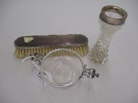 William Comyns Silver Mounted Glass Quaich, Silver Top Glass Vase and a Silver Back Brush