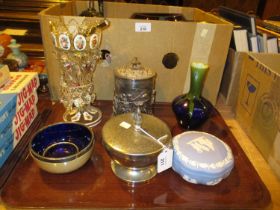Victorian Glass Lustre, Silver Plated Items, Wedgwood, Trinket Box etc