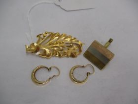 585 Gold Cufflink, Pair of 9ct Gold Earrings, and a Chinese Yellow Metal Brooch, total weight 12.2g