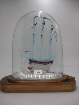 Nailsea Type Glass Frigger of a Masted Galleon with Sailors Climbing the Rigging under a Cracked