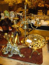 Brass Four Branch Candelabra, Trivet, Pair of Fire Dogs, Two Pokers and a Toasting Fork