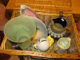 Basket with Scottish Glass Vase, Royal Doulton Jug, Royal Doulton Winnie The Pooh Money Box, Belleek