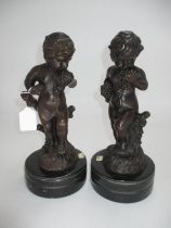 Pair of Bronze Cherub Figures on Marble Bases, 30cm