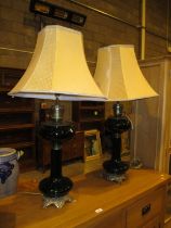 Pair of Continental Green Glass and Brass Oil Lamps Fitted as Electric Lamps with Shades