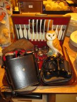 Tasco and Other Binoculars, Canteen of Cutlery, Carved Box and Beswick Owl