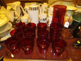 Red Glass Water Jug and 12 Tumblers