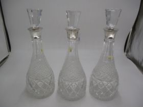 Set of 3 Silver Collar Crystal Decanters, London 1974, Maker B.P. Co.