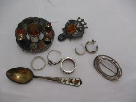 Two Scottish Brooches, Brooch, 3 Rings, Pair of Earrings and a Spoon