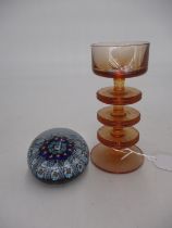 Wedgwood Amber Glass Candlestick and a Paperweight