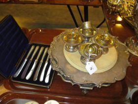 Two Silver Plated Salvers, Bread Board, 4 Salts, 6 Napkin Rings and a Case of Silver Handle Tea