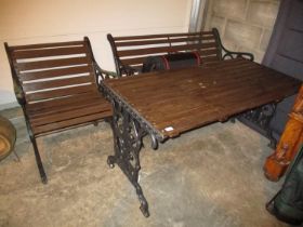 Cast Metal and Wood Garden Table with Matching Bench and Chair