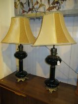 Pair of Continental Green Glass and Brass Table Lamps with Shades