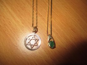 14ct Gold Necklace with a Green Stone Pendant and a 9ct Gold Necklace with a 9ct Gold Pendant, 6.2g