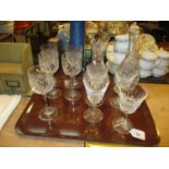 Two Crystal Wine Carafes and Sets of 4 and 5 Wine Goblets