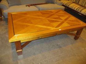 Large Brass Inlaid Wood Coffee Table and Matching Pair of Lamp Tables, 169x110cm and 65x65cm