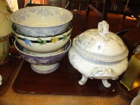 Three Victorian Pottery Punch Bowls and a Tureen