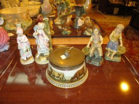 Mettlach Pottery and Metal Preserve Pot and 4 Victorian Figures