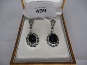 Silver, Marcasite and Onyx Drop Earrings