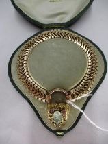 Victorian Yellow Metal Articulated Bracelet with a Gem Set Locket Back Heart Padlock, 25.9g, with