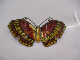 Silver and Enamel Butterfly Brooch with Red/Orange and Black Wings and Golden Yellow Body, by J.