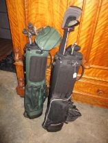 Two Golf Bags with Callaway and Other Clubs, 2 Car Cleaning Kits, Saw and Headboard
