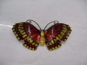 Silver and Enamel Butterfly Brooch with Red/Orange and Black Wings and Golden Yellow Body, by J.