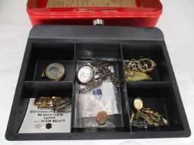 Cash Box with Jewellery including Silver Locket on Chain