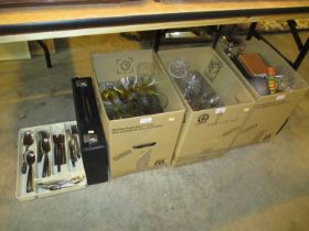 Cutlery, Cassettes and 3 Boxes of Glass, Crystal etc