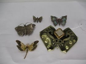 Silver and Marcasite Vari-Coloured Butterfly Brooch with Red Glass Eyes, stamped 835, 4cm wide,