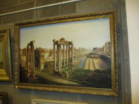 Gilt Framed Oil Painting of Ancient Ruins, 55x85cm