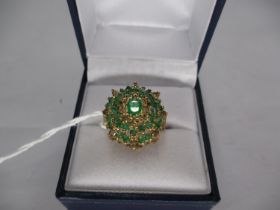 9ct Gold Emerald and Diamond Large Oval Cluster Ring
