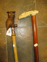 Owl and Female Figure Handle Walking Sticks