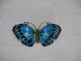 Silver and Enamel Butterfly Brooch with Turquoise/Blue and Black Wings and Green Enamel Body, by