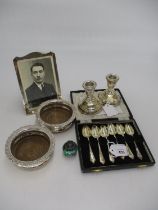 Cased Set of 6 Silver Coffee Spoons, Silver Photograph Frame, Pair of Silver Candlesticks and a