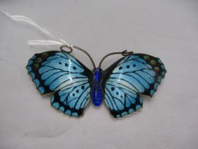 Silver and Enamel Butterfly Brooch with Pale Blue and Black Wings with Red/Green Spots and Deep Blue