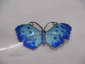 Silver and Enamel Butterfly Brooch with Turquoise Wings, Blue Spots and Edges, Stamped Sterling, c.