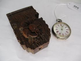 Engraved Silver Pocket Watch with Pink and White Enamel Dial with Gilt Highlights, in Carved Wood
