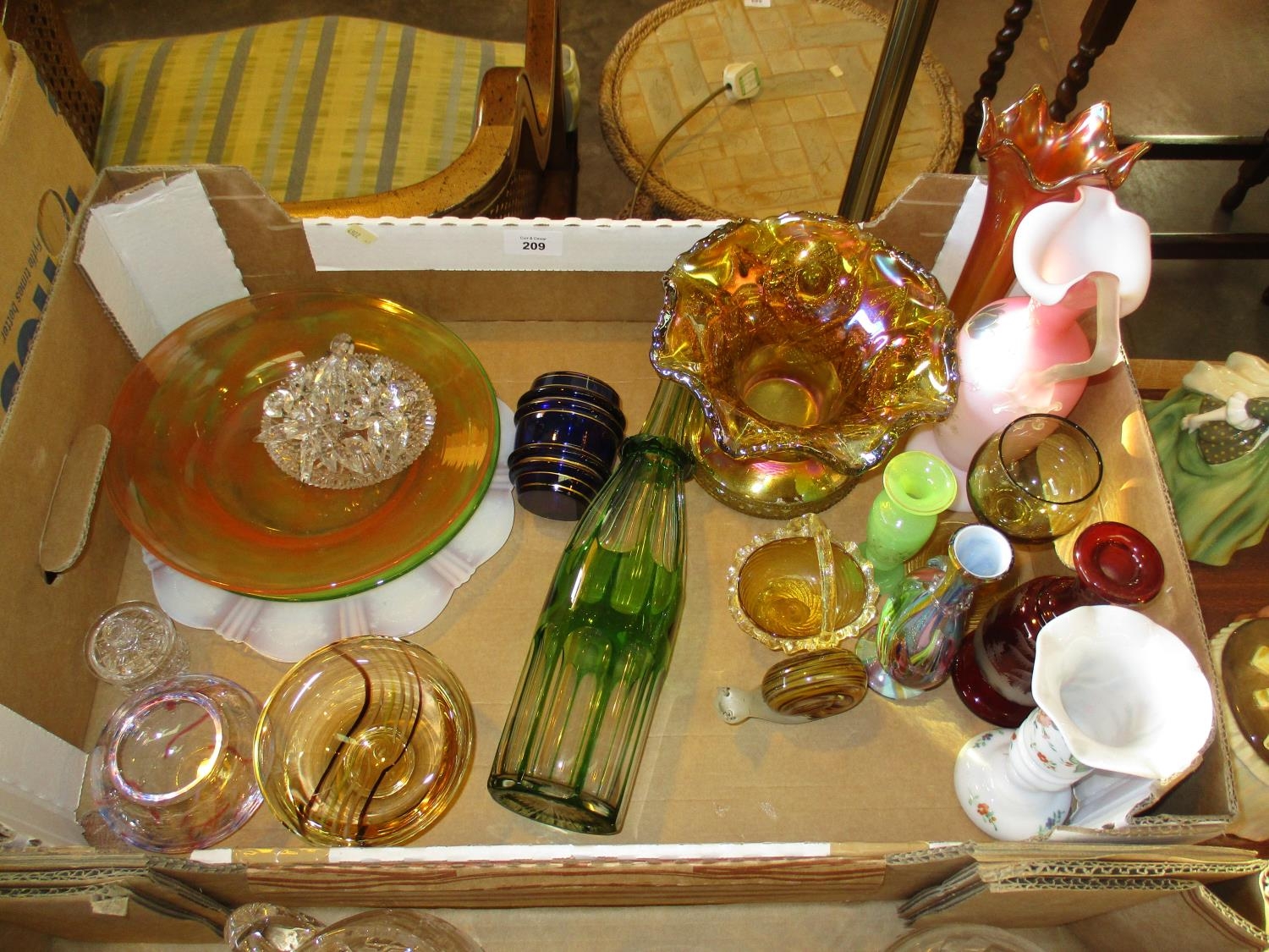 Box of Coloured Glasswares etc