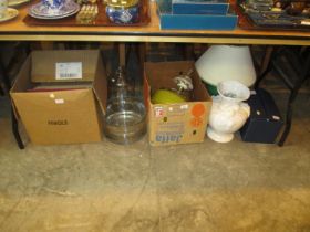 Box of LPs, Demi John, Glass Bowl, Ceiling Light, Table Lamp, Pottery Vase and 6 Grand Slam Glasses