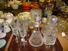 Three Crystal Decanters, Large Goblet and 6 Champagne Flutes