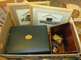 Leather Jewel Box, 2 Russian Lacquer Boxes, Mahogany Stationery Rack and 2 Military Photographs