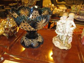Victorian Continental Bisque Porcelain Figure Group and an Overlaid Crystal Bowl