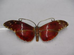 Silver and Enamel Butterfly Brooch with Reddish/Orange Wings with Cream Spots to the Tips and