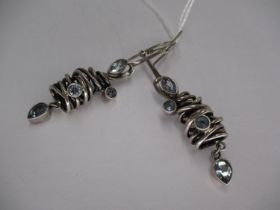 Pair of Silver Drop Earrings with Coiled Silver Drops Set with Circular and Oval Aquamarines