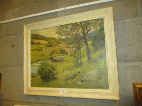 J.F. Walker, Oil on Canvas, River and Bridge, 35x44cm